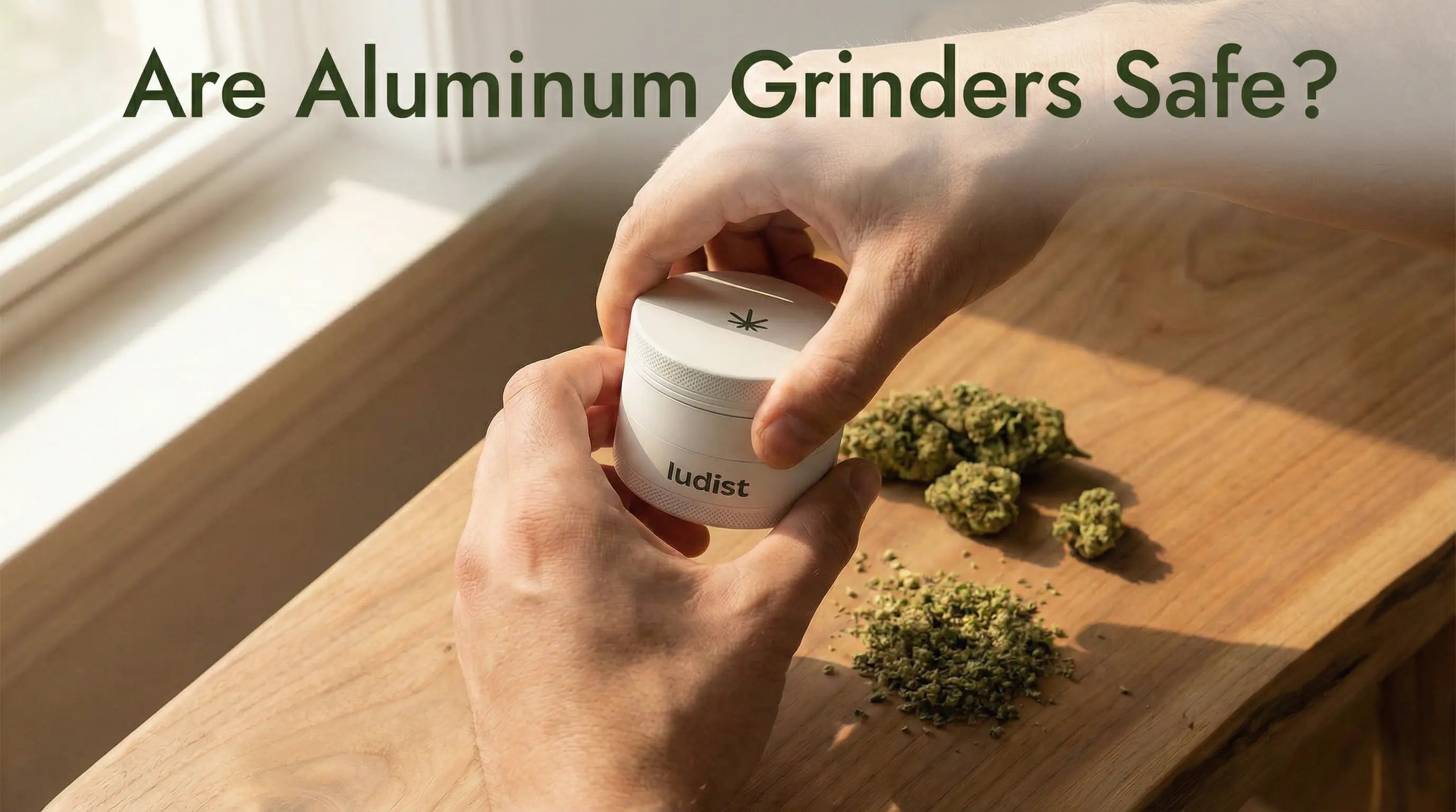 Hands holding closed white Ludist grinder over wooden table with cannabis buds and ground cannabis scattered on surface beside, natural sunlight from window in background, text "Are Aluminum Grinders Safe?" at top