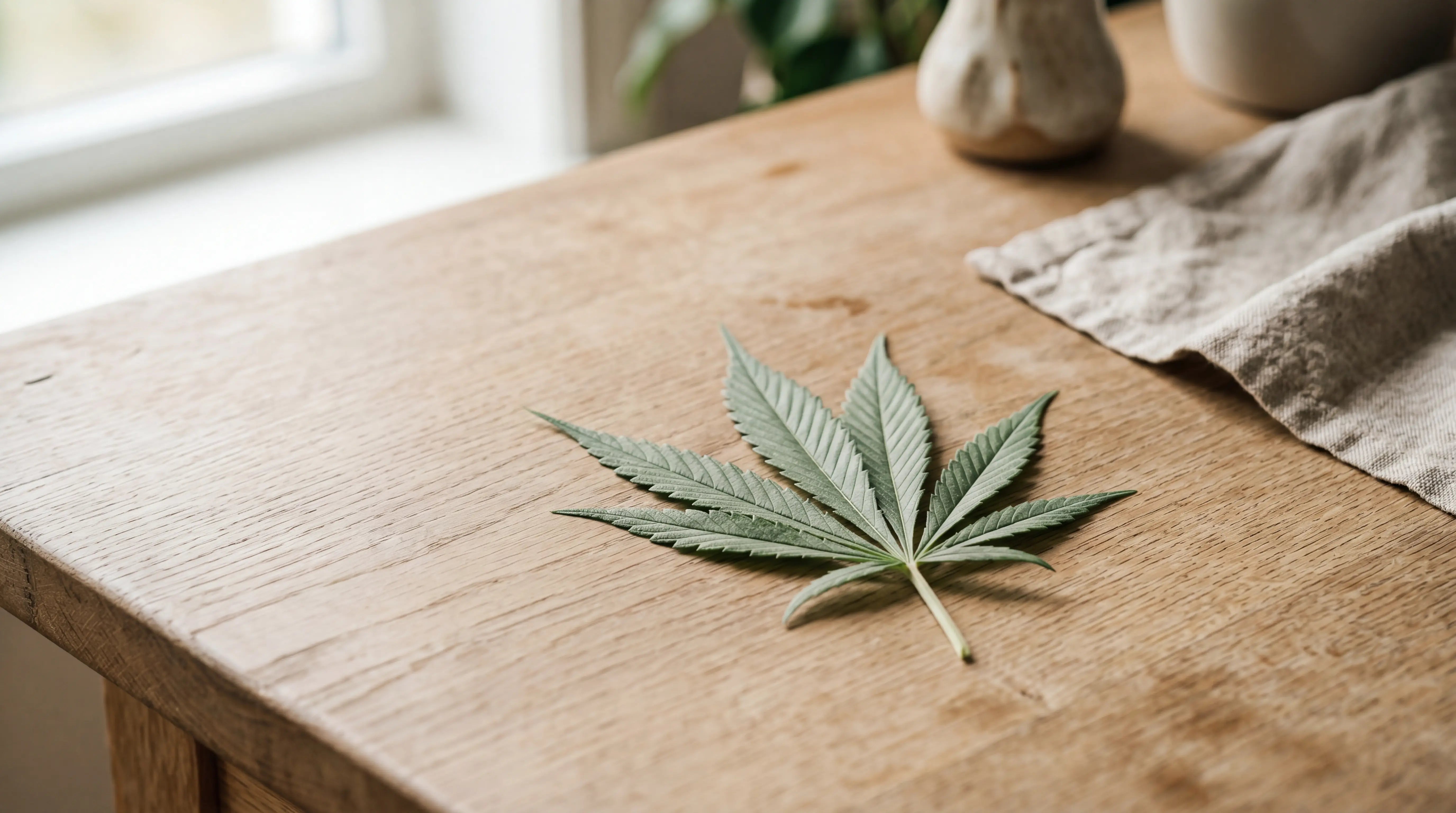 Cannabis leaf with 9 leaflets on a light wooden surface with natural window light in the background