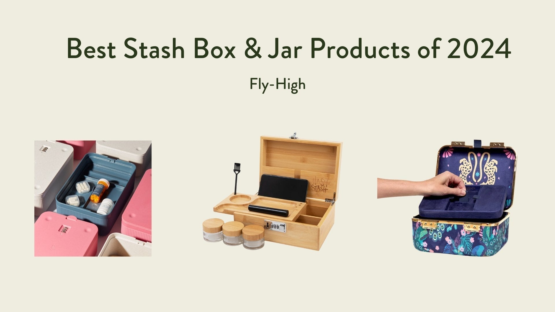 A selection of stash boxes and jars, including a lockable box with glass jars, a durable plastic option, and a stylish box with intricate designs. Ideal for secure and discreet storage.