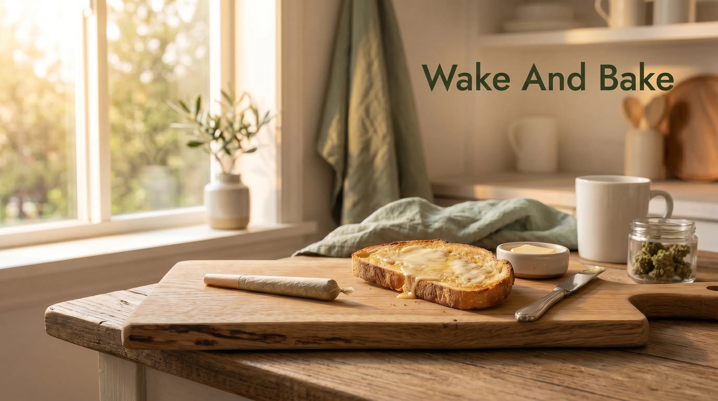 Wake And Bake header image showing a buttered toast and a rolled joint on a rustic wooden cutting board, with a glass jar of cannabis buds, white coffee mug, small butter dish, olive branch vase, and warm morning sunlight