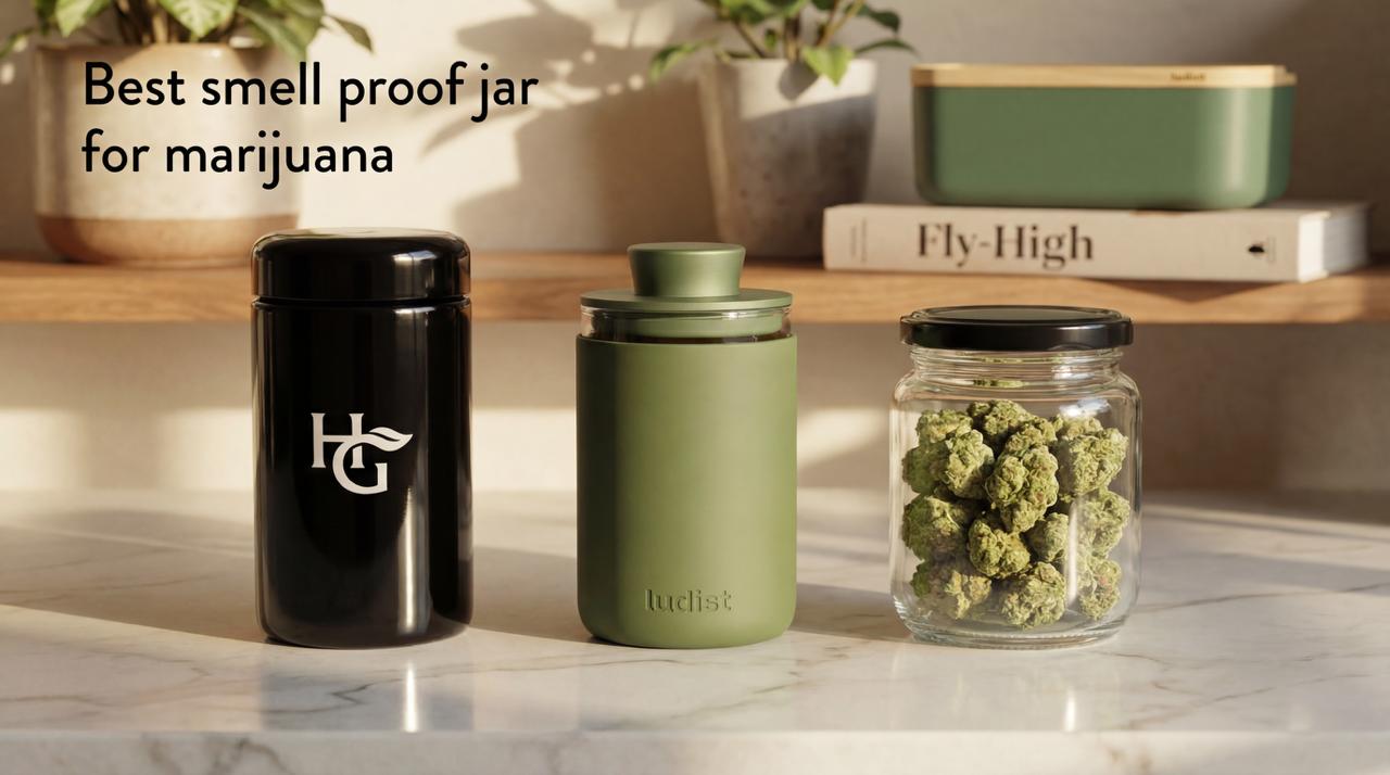 Left black glass jar with HG logo, center green Ludist airtight stash jar, right clear glass jar filled with cannabis buds, text "Best smell proof jar for marijuana" on left, Fly-High book and green storage box in background, potted plant on left
