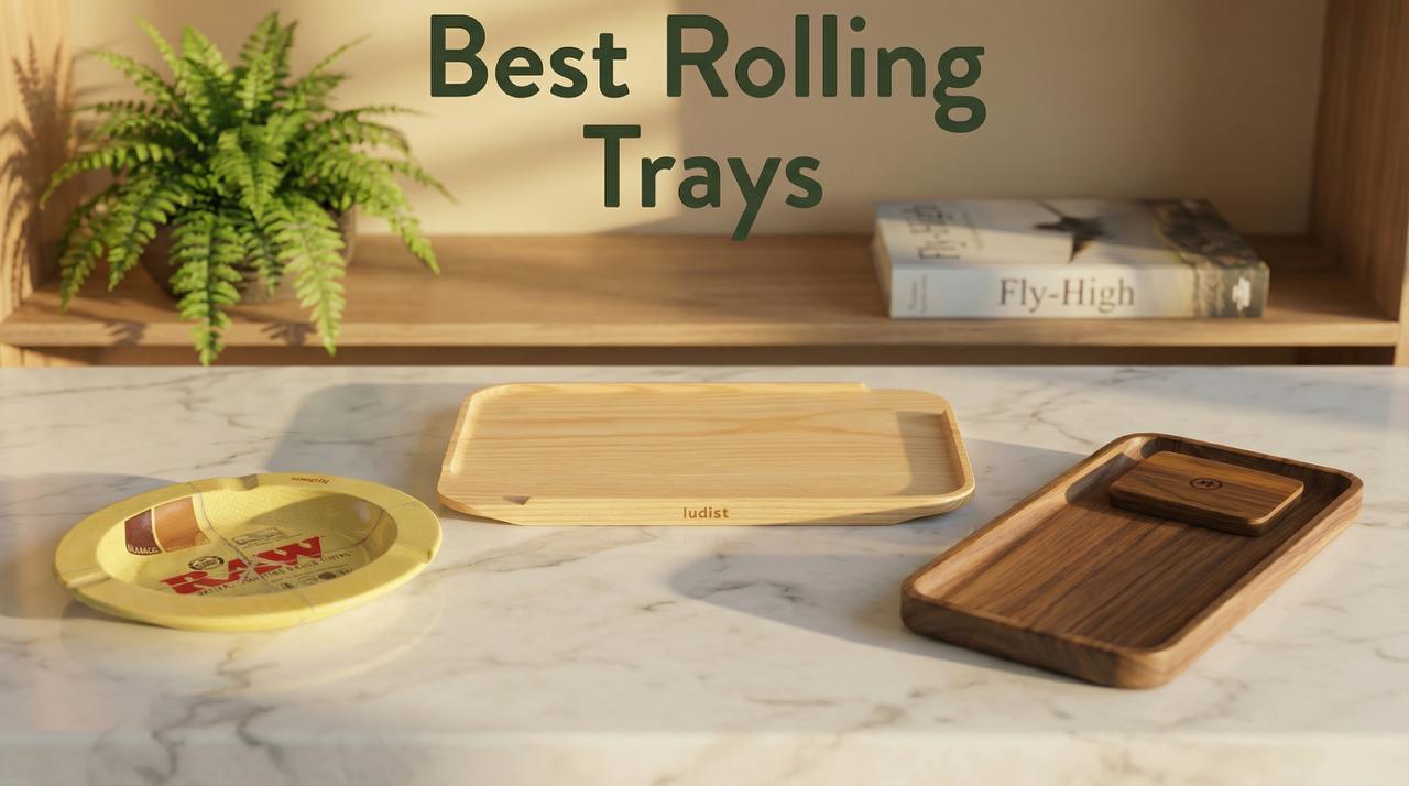 Three rolling trays, left yellow RAW rolling tray with pre-rolled joint, center light wood Ludist rolling tray, right dark walnut Marley rolling tray, text "Best Rolling Trays" at top, wooden shelf with fern plant and Fly-High book in background