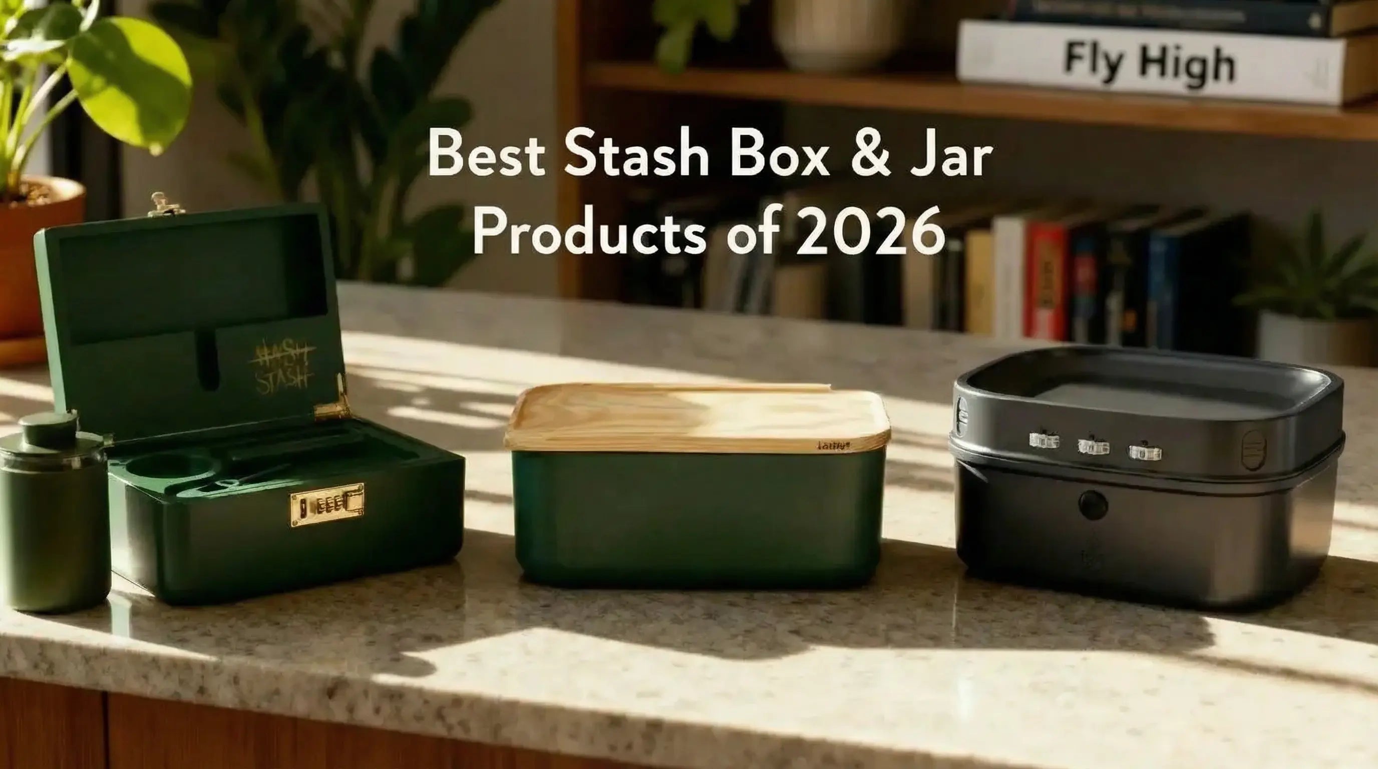 Four cannabis storage product, far left green Ludist stash jar, open green Hash Stash box with gold lock, closed green Ludist stash box with wooden lid, and dark gray Stash Monkey box with combination lock, text "Best Stash Box & Jar Products of 2026"