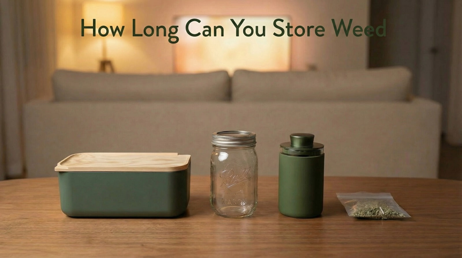 Cannabis storage containers on wooden table, left green Ludist stash box with wooden lid, center clear glass mason jar, right green Ludist stash jar and vacuum-sealed bag with cannabis, text "How Long Can You Store Weed" at top