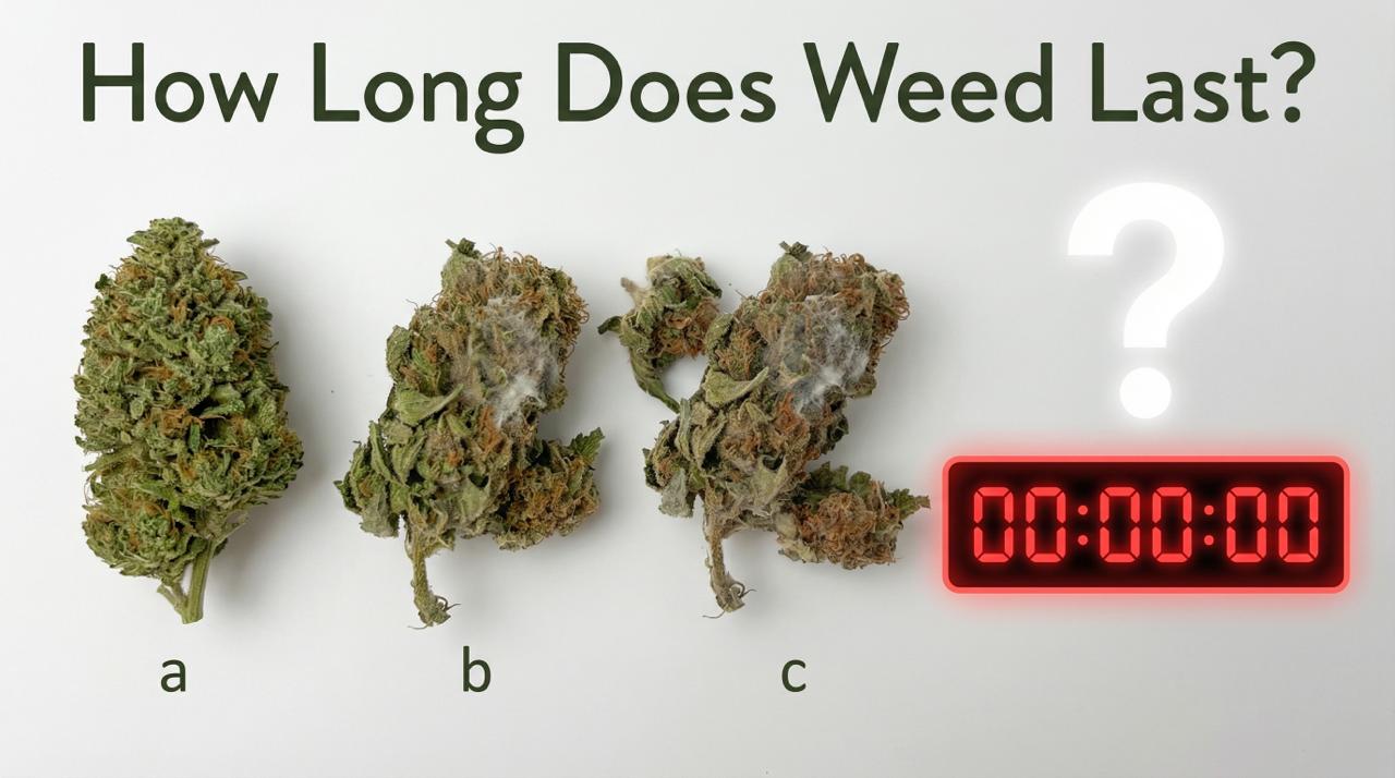 Three cannabis buds showing progressive degradation on white background, left fresh bud labeled "a", center moldy bud labeled "b", right heavily degraded bud labeled "c", red digital timer and question mark on right, text "How Long Does Weed Last?" at top