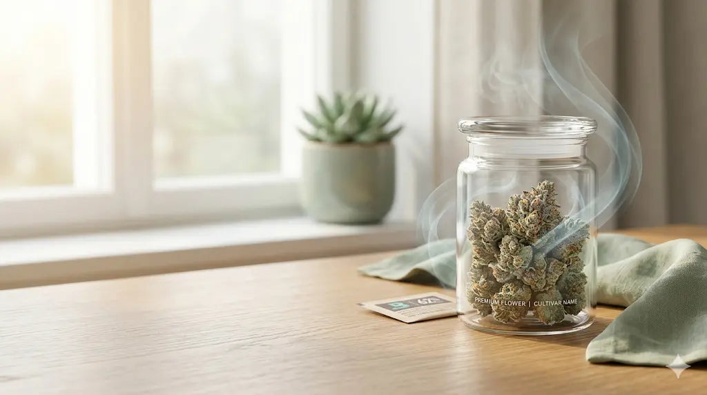 Clear glass cannabis jar with a lid filled with buds and a joint inside, with terpene smoke rising from the top, a Boveda humidity pack beside it, and a succulent plant near a window in the background
