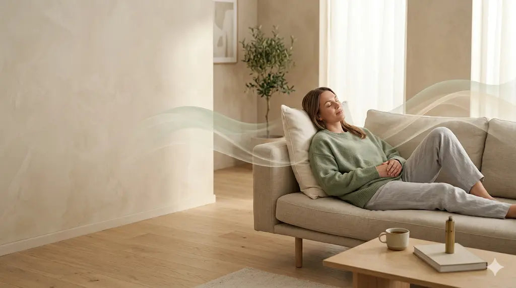 Woman in a green sweater relaxing with eyes closed on a beige couch with a calming green wave effect across the image, with a mug, book, and potted plant in a warm minimalist living room