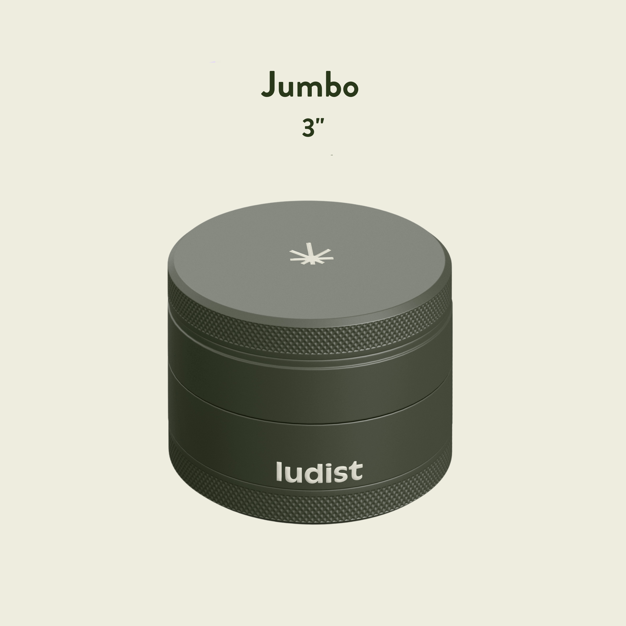 Ludist jumbo grinder with dimensions on a beige background