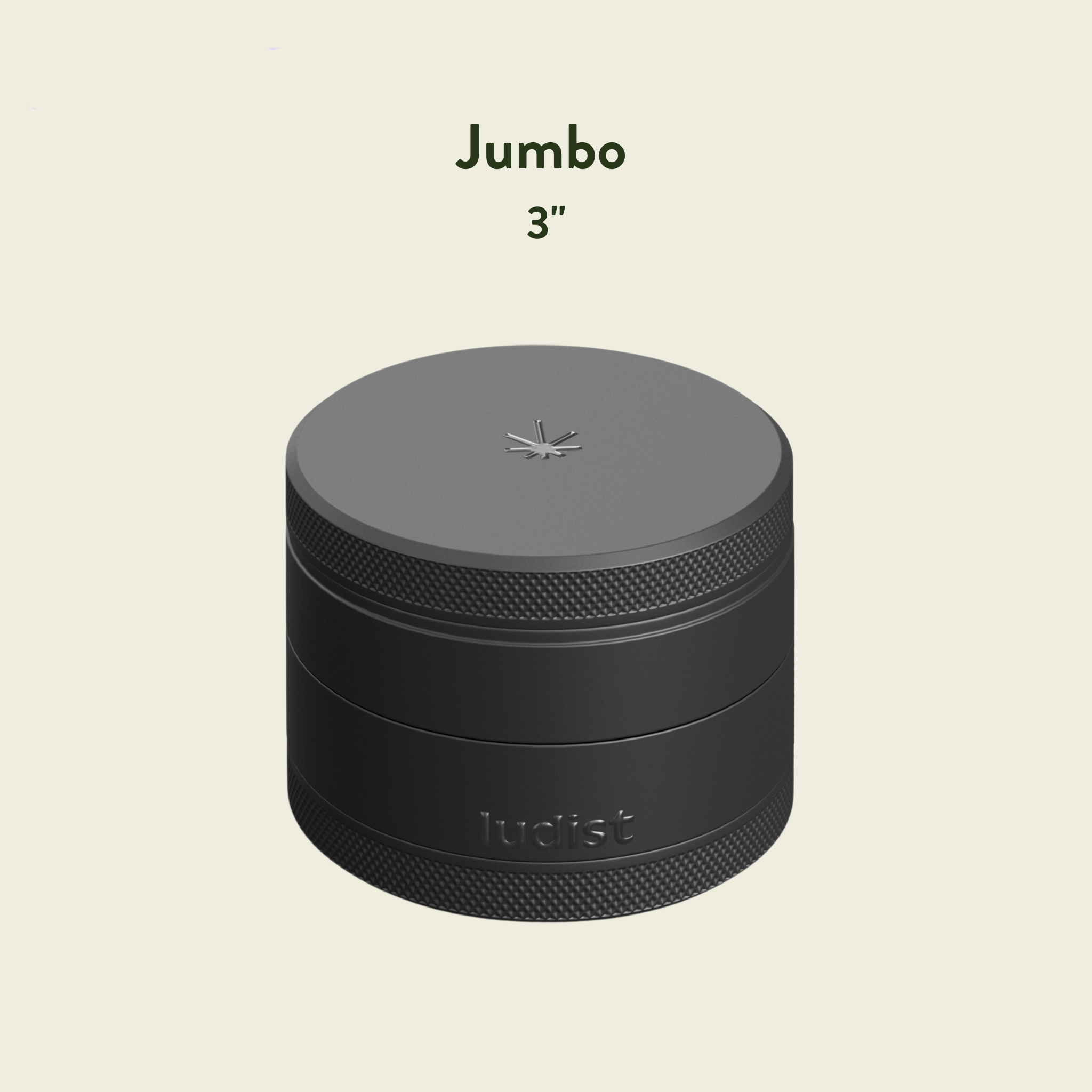 Black grinder with 'Jumbo' size label and '3"' measurement on a beige background