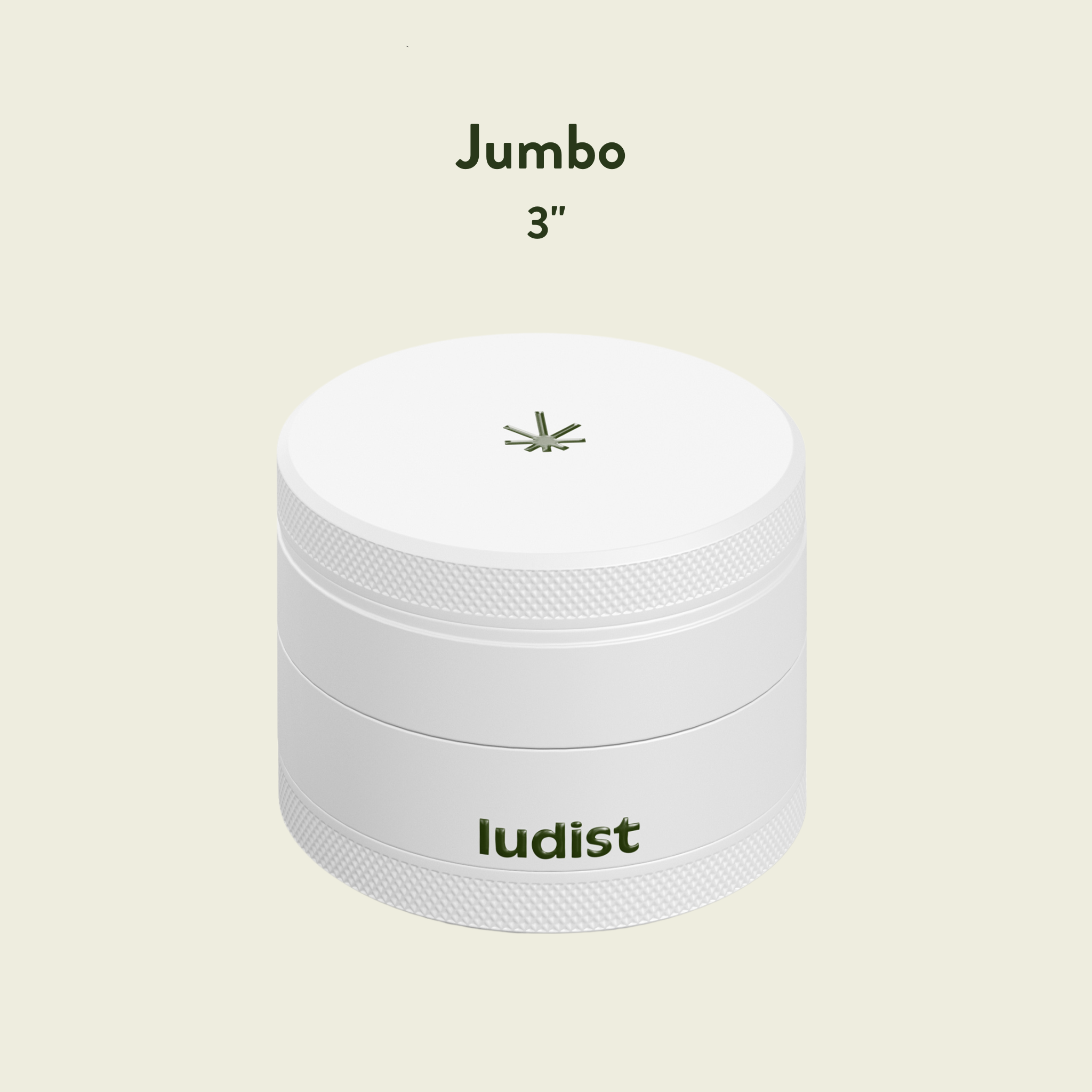 White grinder with 'ludist' branding on a beige background, labeled as 'Limited Edition Jumbo 3”'.