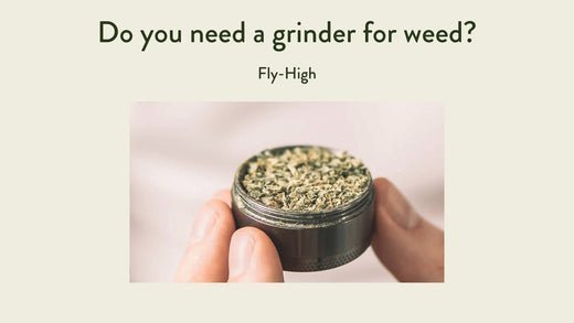 A close-up image of a hand holding an open grinder filled with ground weed, with the text "Do you need a grinder for weed?" and the logo "Fly-High" on a light background.