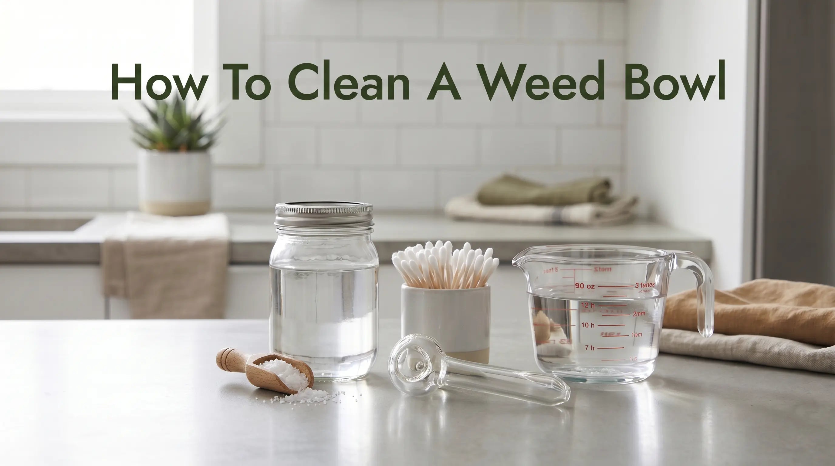 How To Clean A Weed Bowl header image showing a glass with water, wooden scoop with coarse salt, ceramic holder with cotton swabs, glass pipe bowl, and glass measuring cup arranged on a white kitchen counter, with a potted plant in the background