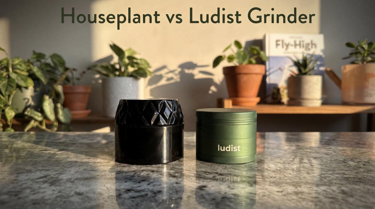Black Houseplant cannabis grinder on left and closed green Ludist grinder on right, side by side on marble surface, text "Houseplant vs Ludist Grinder" at top, multiple potted plants and Fly-High book on wooden shelf in background
