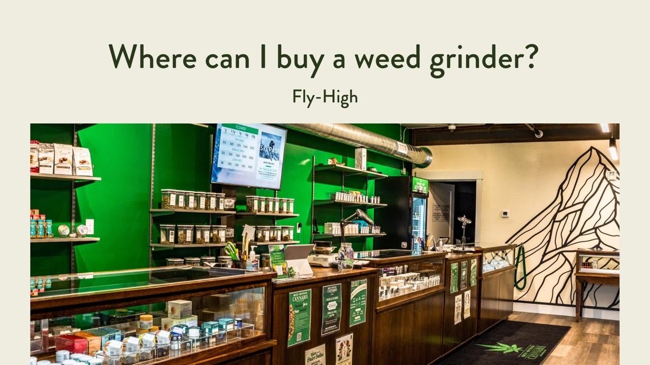 Text reading 'Where can I buy a weed grinder?' with 'Fly-High' below, displayed over an image of a dispensary with various cannabis products.