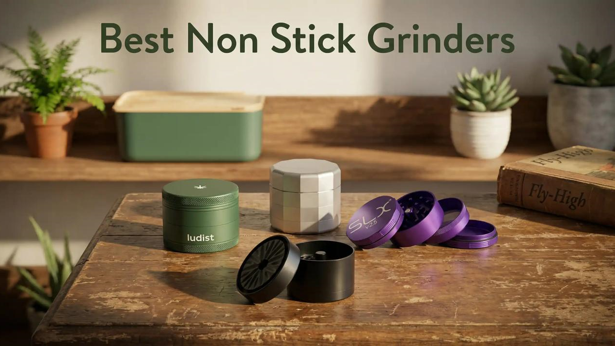 Non stick grinder collection showing Ludist, Capu, FlowerMill, and SLX grinders displayed on a wooden table