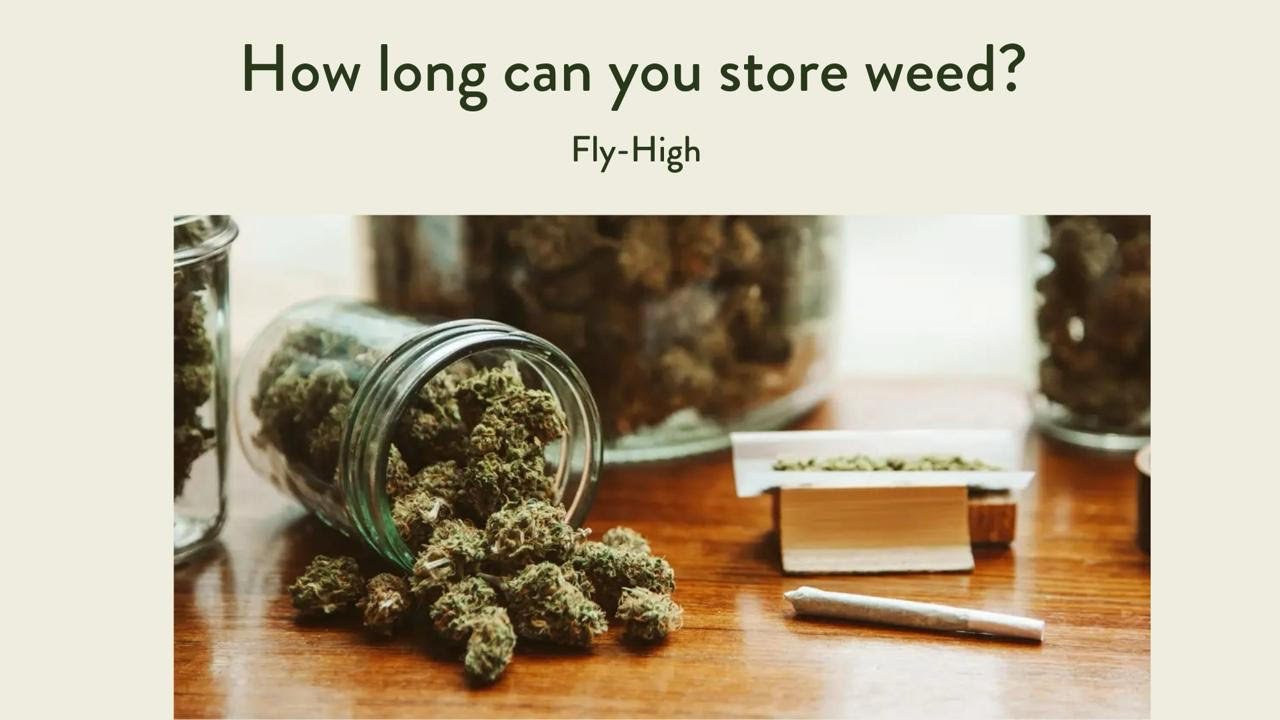 An open glass jar of cannabis buds spilling onto a wooden surface, with a rolled joint and another jar of buds in the background, titled 'How long can you store weed?