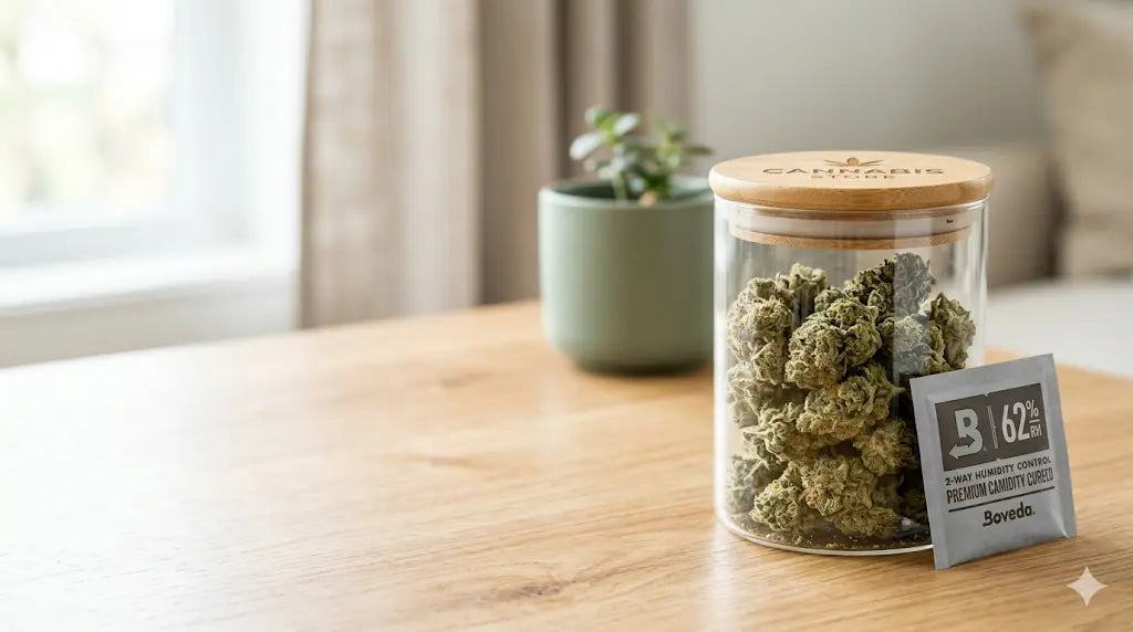 Clear glass cannabis storage jar with a wooden lid filled with cannabis buds next to a Boveda 62% humidity pack on a wooden surface, with a green ceramic pot with a succulent and curtained window blurred in the background