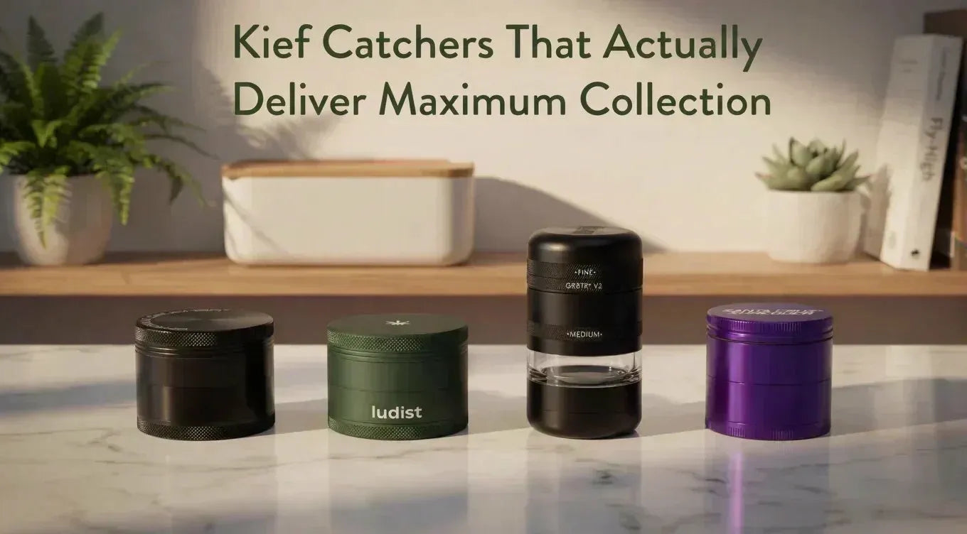 Four cannabis grinders on white surface: black, green Ludist, tall black Gr8tr V2, and purple Santa Cruz Shredder, wooden shelf with white Ludist stash box and plants in background, text "Kief Catchers That Actually Deliver Maximum Collection"