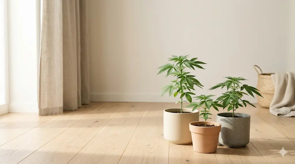 Three young cannabis plants in different pots — white ceramic, terracotta, and gray concrete — on a light wood floor by a window with linen curtains and a woven basket in a minimalist room